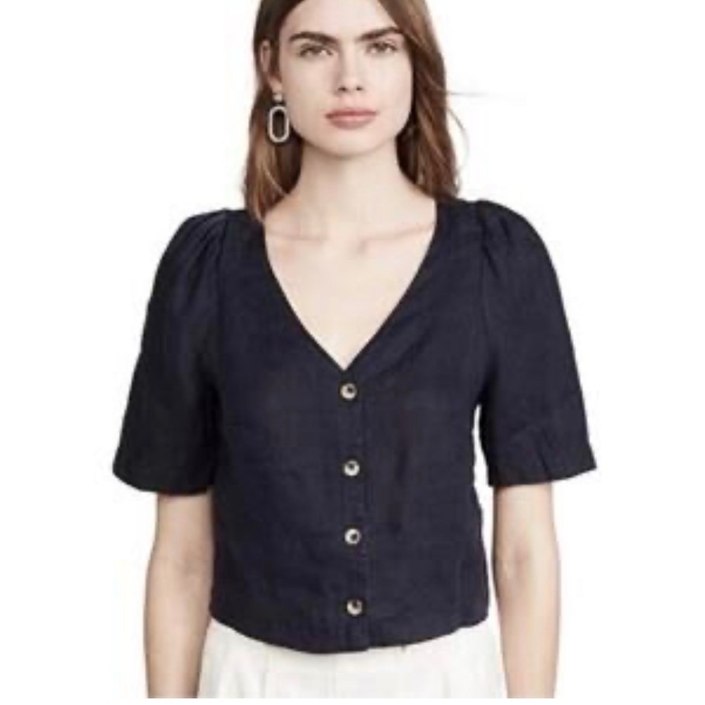 Old Navy Navy Blue Linen Blend Button Front Puff Sleeve Crop Top Blouse Small